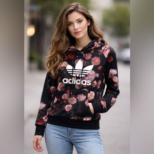 Adidas Originals Black Allover vibrant Floral pink&Rose Hoodie Trefoil Size S